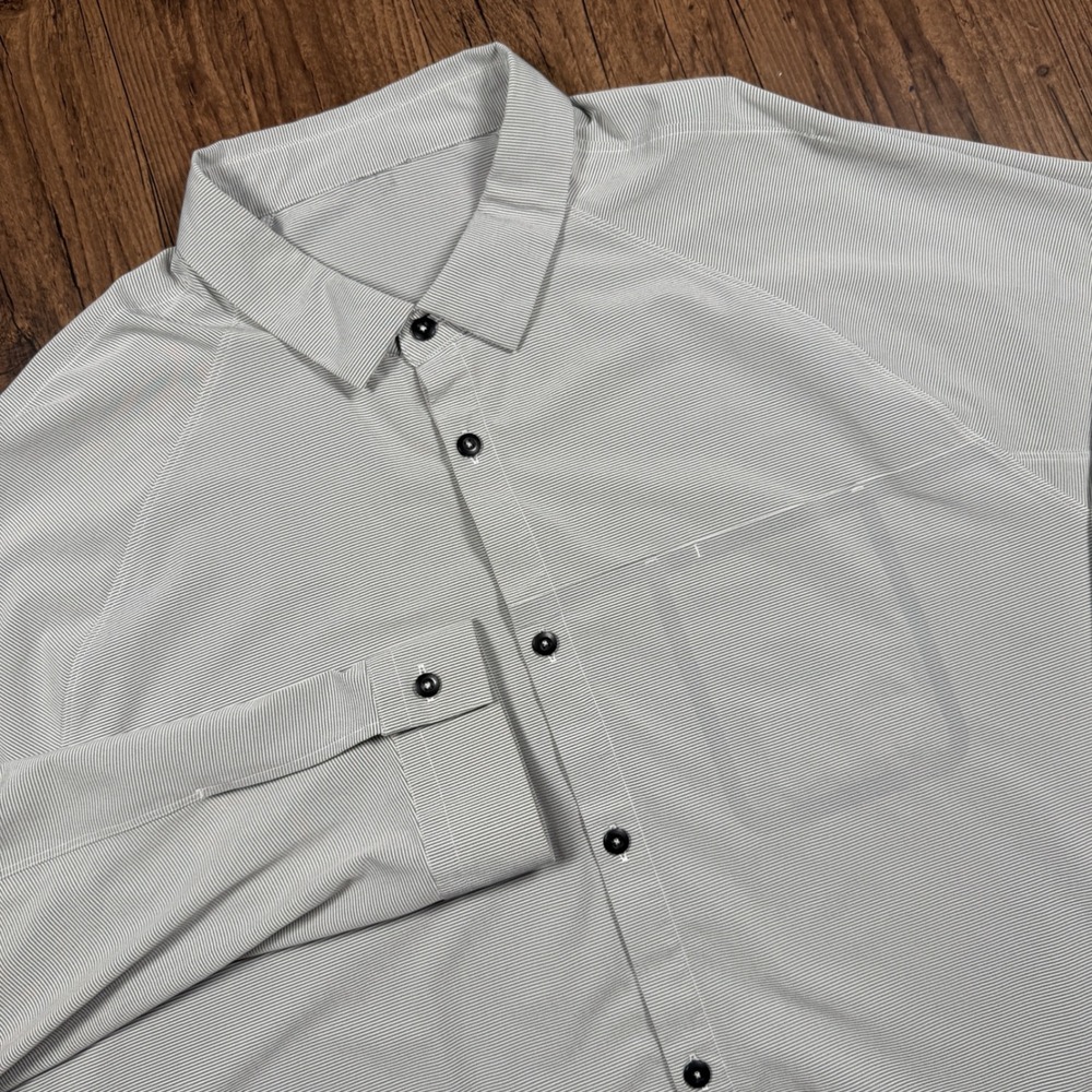 Lululemon Commission Long Sleeve Shirt Mens XXL Grey White Micro Striped Casual